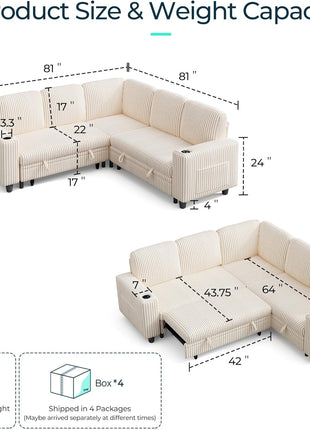 Stylish Corduroy Sectional Sleeper Sofa with Storage Chaise, USB Charging, and Comfortable L-Shaped Design in Beige