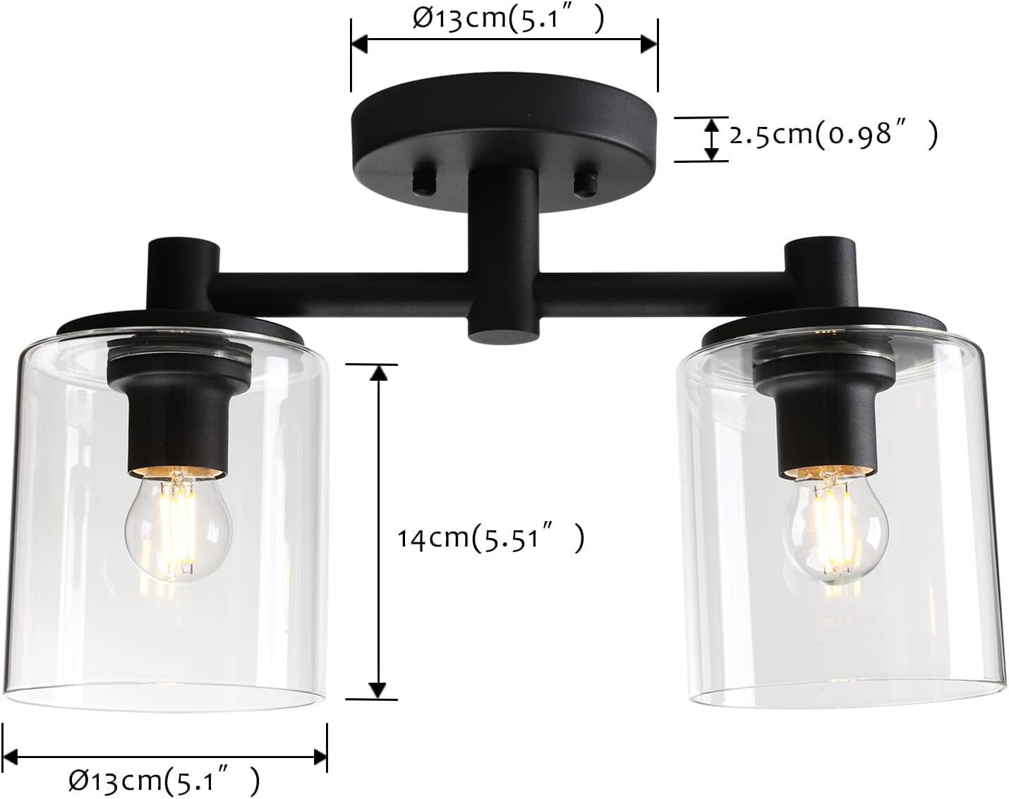 2-Light Semi Flush Mount Ceiling Light, Industrial Pendant Lighting Fixture with Glass Shade, Ceiling Chandelier Lamp for Hallway Loft Kitchen Bar