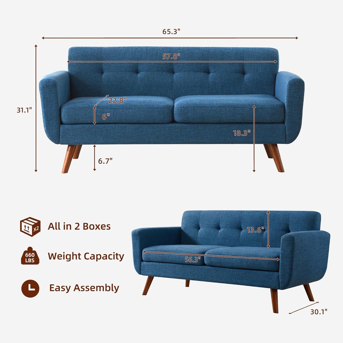 65" W Loveseat Sofa with Ottoman Coffee Table, Mid Century Modern Love Seat Couches for Living Room, Button Tufted Upholstered Small Couch for Bedroom,Easy to Install Love Seats Furniture, Blue | Linen Fabric, Button Tufted, Solid Wood Foot, Pocket Spring, Wood Slats Frame