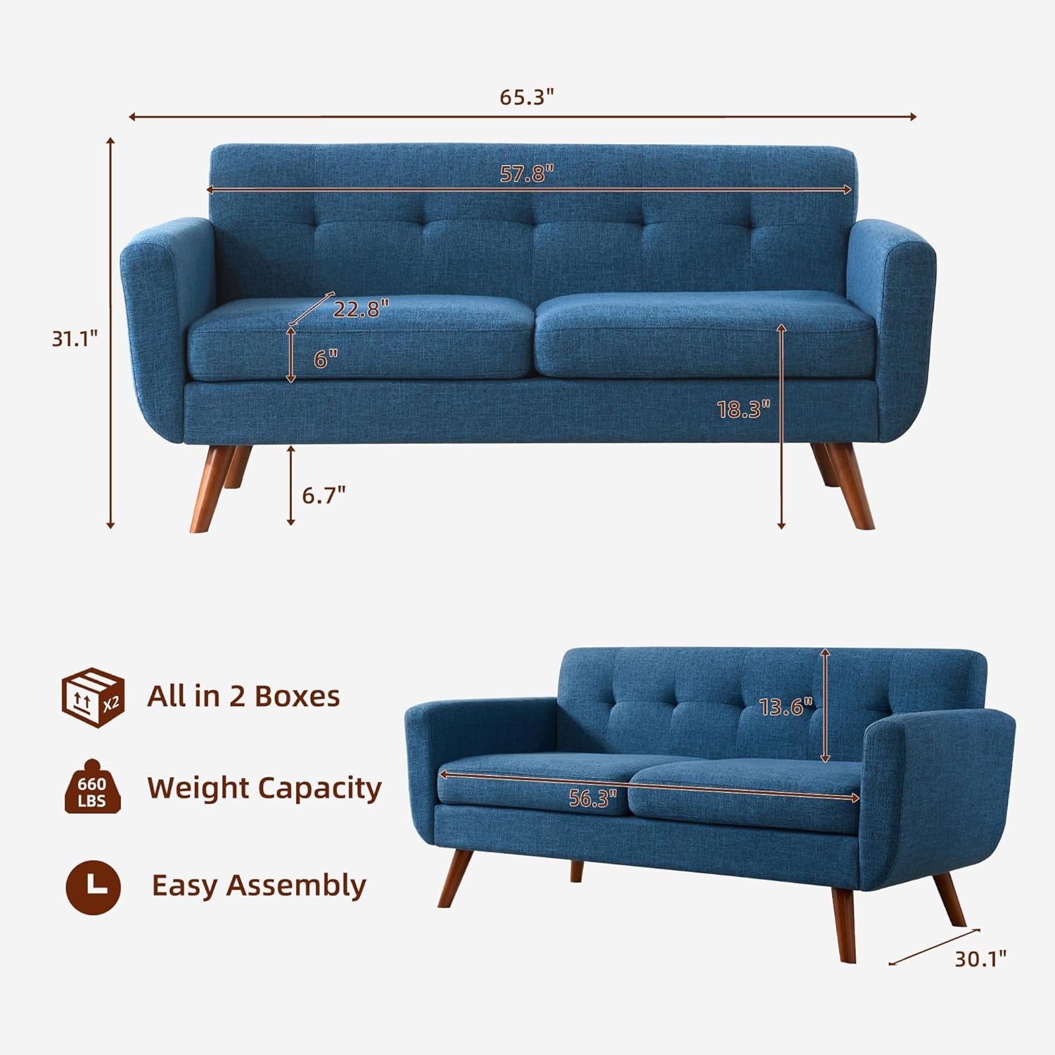 65" W Loveseat Sofa with Ottoman Coffee Table, Mid Century Modern Love Seat Couches for Living Room, Button Tufted Upholstered Small Couch for Bedroom,Easy to Install Love Seats Furniture, Blue | Linen Fabric, Button Tufted, Solid Wood Foot, Pocket Spring, Wood Slats Frame