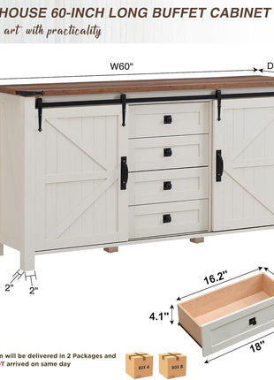 Farmhouse Style Sideboard Buffet Cabinet with Ample Storage - 60" Kitchen Cabinet with Sliding Barn Doors and 4 Drawers, 31.2" Tall Antique White Wood Coffee Bar Table for Dining Room