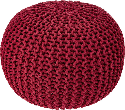 · round Pouf Ottoman - Hand Knitted Cable Boho Poof - Foot Stool Bean Bag - Home Décor Stuffed Footrest for Living Room - Nursery - Bedroom - 100% Cotton Poufs (19.5"X19.5"X14") - Red