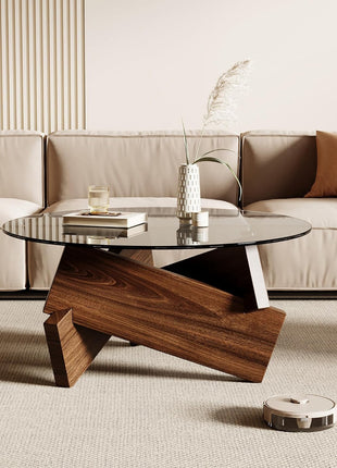 Contemporary Round Coffee Table with Tempered Glass Top, 30.7" x 30.7" x 16.1", Walnut Finish for Living Room Decor