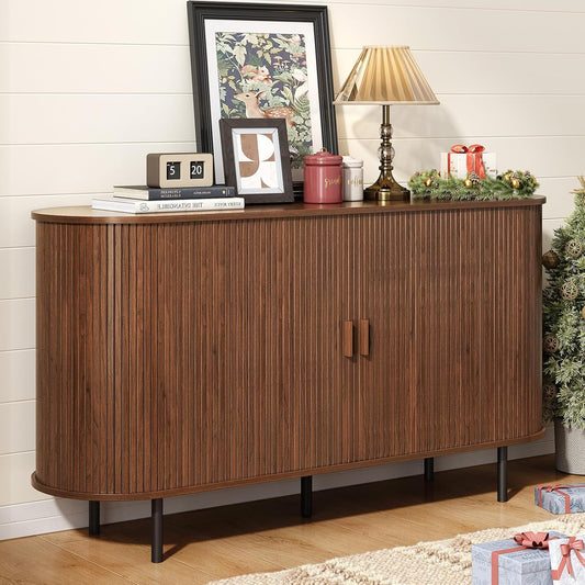 55" Sideboard Buffet Cabinet with Storage, Sliding Door & Adjustable Shelf, Modern Accent Coffee Bar Console Table for Kitchen, Entryway, Walnut