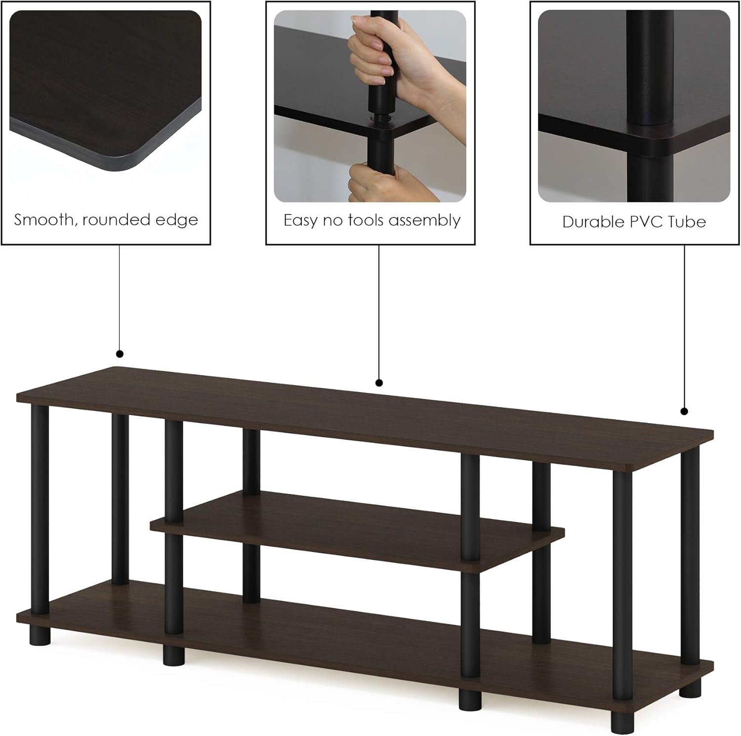 Turn-N-Tube No Tools 3D 3-Tier Entertainment TV Stand up to 50 Inch TV, round Tubes, Dark Brown / Black