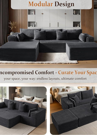 108" Cloud Sectional Sofa - U-Shaped Boneless Design, Extra Deep Seats, No Assembly Required, Minimalist Modular Style, Dark Grey Corduroy (2 Seater + Left Facing Chaise + Ottoman)