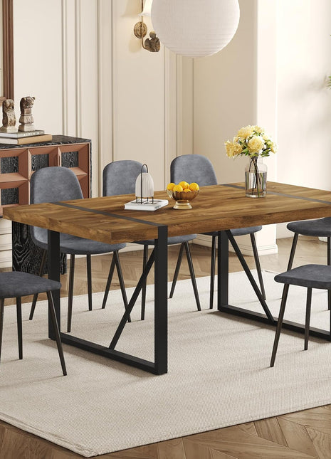 Contemporary 71'' Dark Wood Dining Table Set with 6 Upholstered Chairs, Ideal for Kitchen and Dining Room