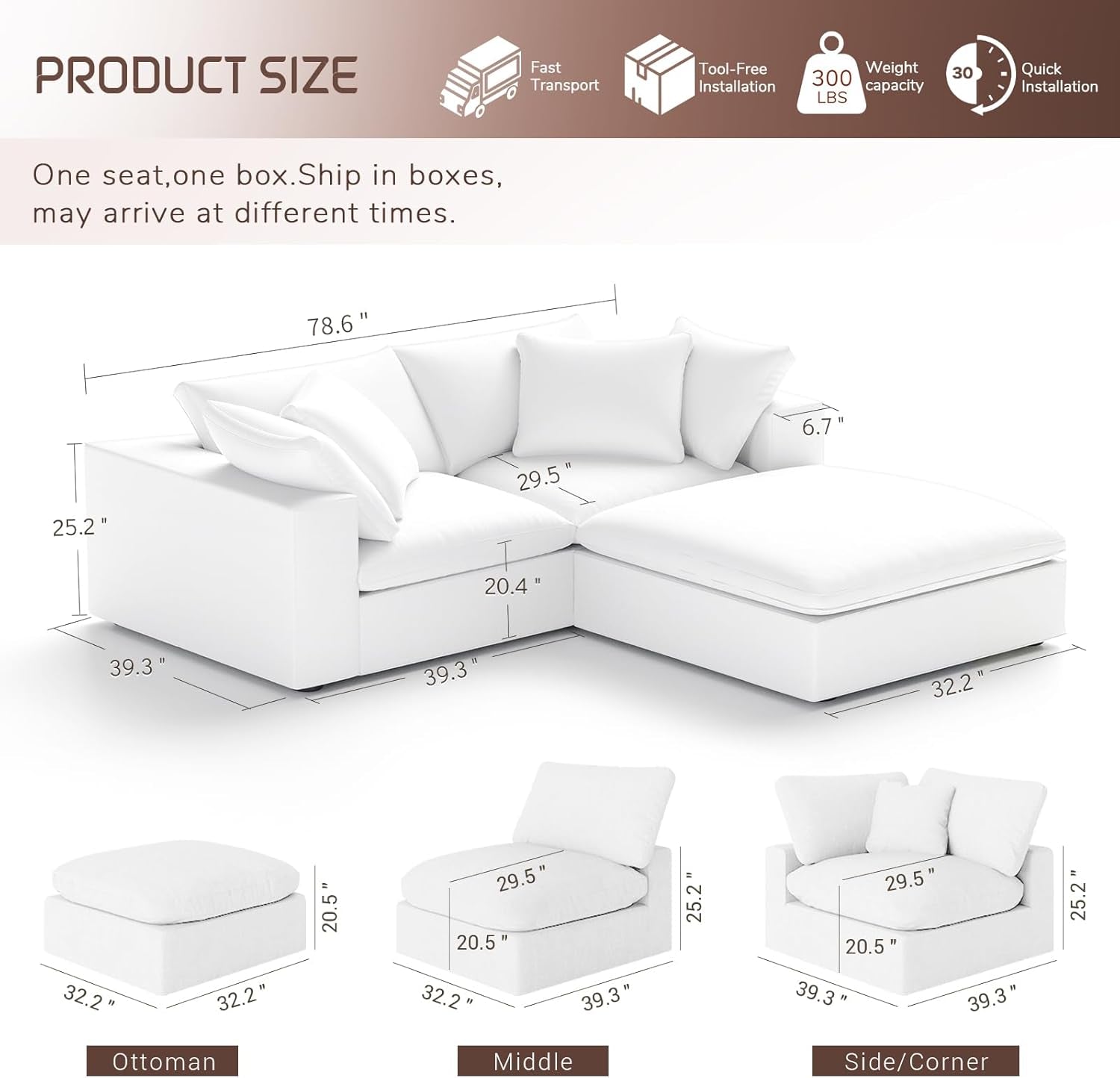Modular Sectional Cloud Sofa Couch,L Shape 2 Seaters with Chaise Modern down Filled Sofas Detachable Couch Cushion Covers Couches for Living Room Office Apartment,White