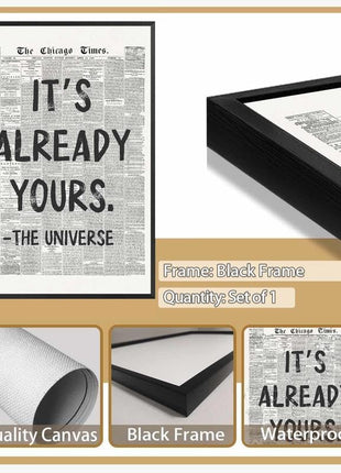Framed Black and White Retro Newspaper Wall Art - "It's Already Yours" Universe Quote - Inspirational Canvas Print for Bedroom, Office, Apartment, and Dorm - 8x12 Inches