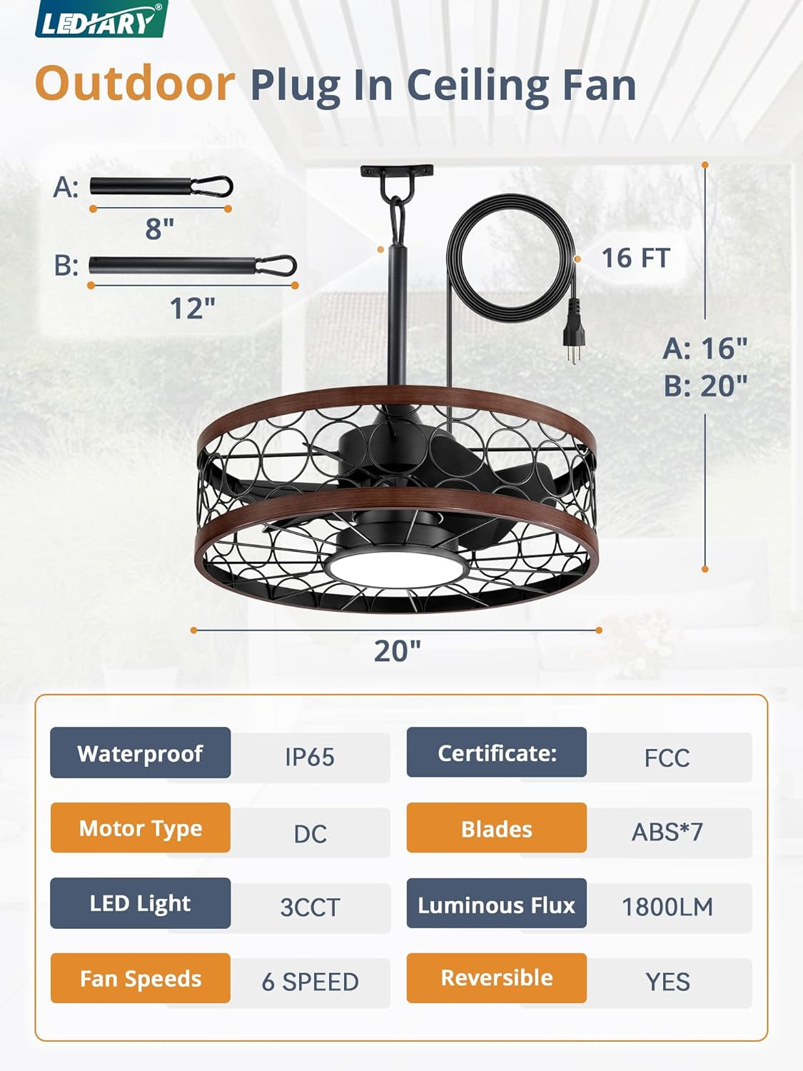 Outdoor Ceiling Fan with Light and Remote,Waterproof Gazebo Fan with Hanging Hook,6 Speeds, 3CCT, 20 Inch Caged Plug in Ceiling Fan for Patios,Porch, Pergola,Canopy