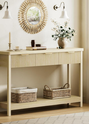 51-Inch Fluted Console Table with Three Wooden Drawers for Entryway, Living Room, Hallway, and Foyer