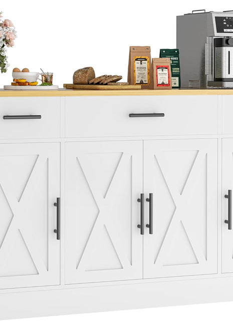 53-Inch Contemporary Farmhouse Buffet Cabinet with Storage Solutions, Adjustable Shelves, and Drawers for Kitchen and Dining Room, White Finish