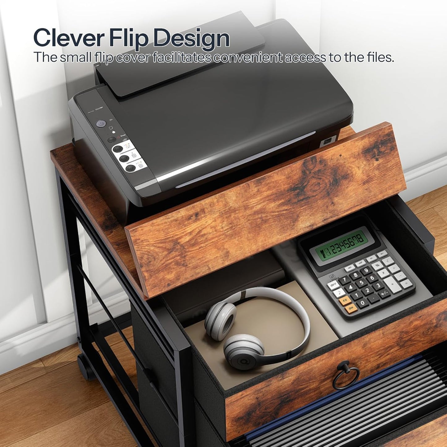 File Cabinet, 2-Drawer Vertical Mobile Office Cabinet, Rolling Printer Stand, for A4/Letter Size Files, Nonwovens Drawer, for Home Office, Rustic Brown BF21WJ01