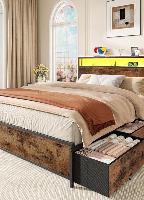 Queen Bed Frame with Headboard and 6 Drawers, Metal Platform Design with Charging Station, LED Lighting, and Two-Tier Shelf Storage - No Box Spring Required, Noise-Free, Rustic Brown Finish