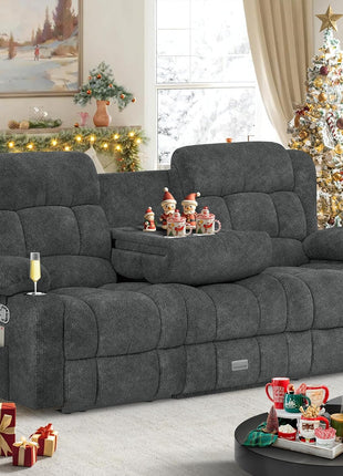 Gray Loveseat Recliner Sofa with Flip Middle Backrest, Storage Drawer, USB Ports, and Cup Holders - Manual 3-Seat Couch for Living Room or RV
