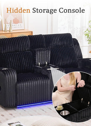 Power Reclining Sofa Set with Adjustable Headrests, Zero Gravity Recliner Couch with Console, Drop-Down Table, Bass Speakers, and Reading Light for Living Room (Black)