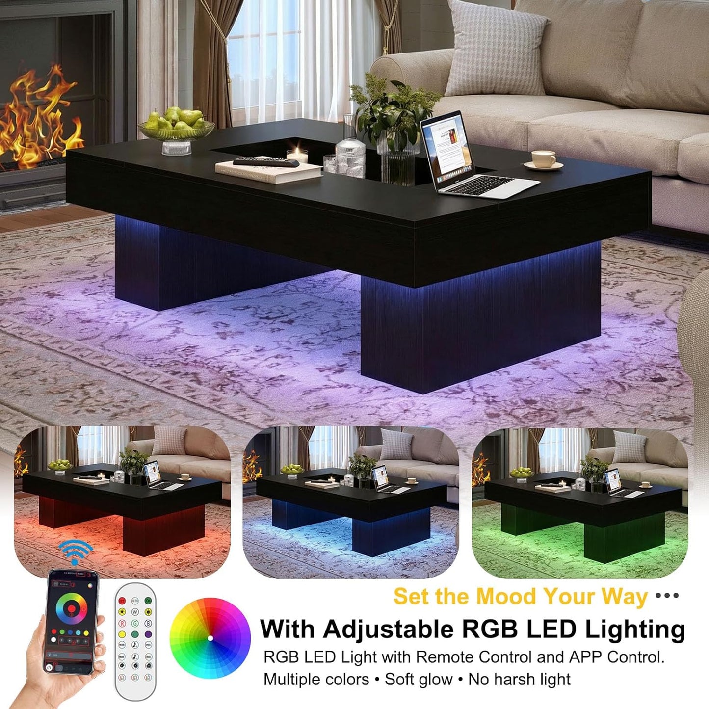 Black Coffee Table, Modern Wood Led Living Room Table with Storage, Unique Large Wide Rectangle Center Table with LED Light, Contemporary Low Tea Table for Bedroom Home Office, 47.24 In, Black Oak