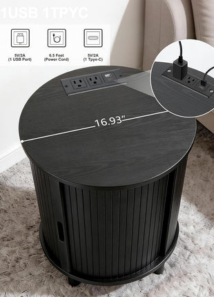 Round End Table with Storage and Charging Station, Fluted Accent Side Table with Sliding Door and Adjustable Shelf, Mid-Century Nightstand for Small Spaces, Black