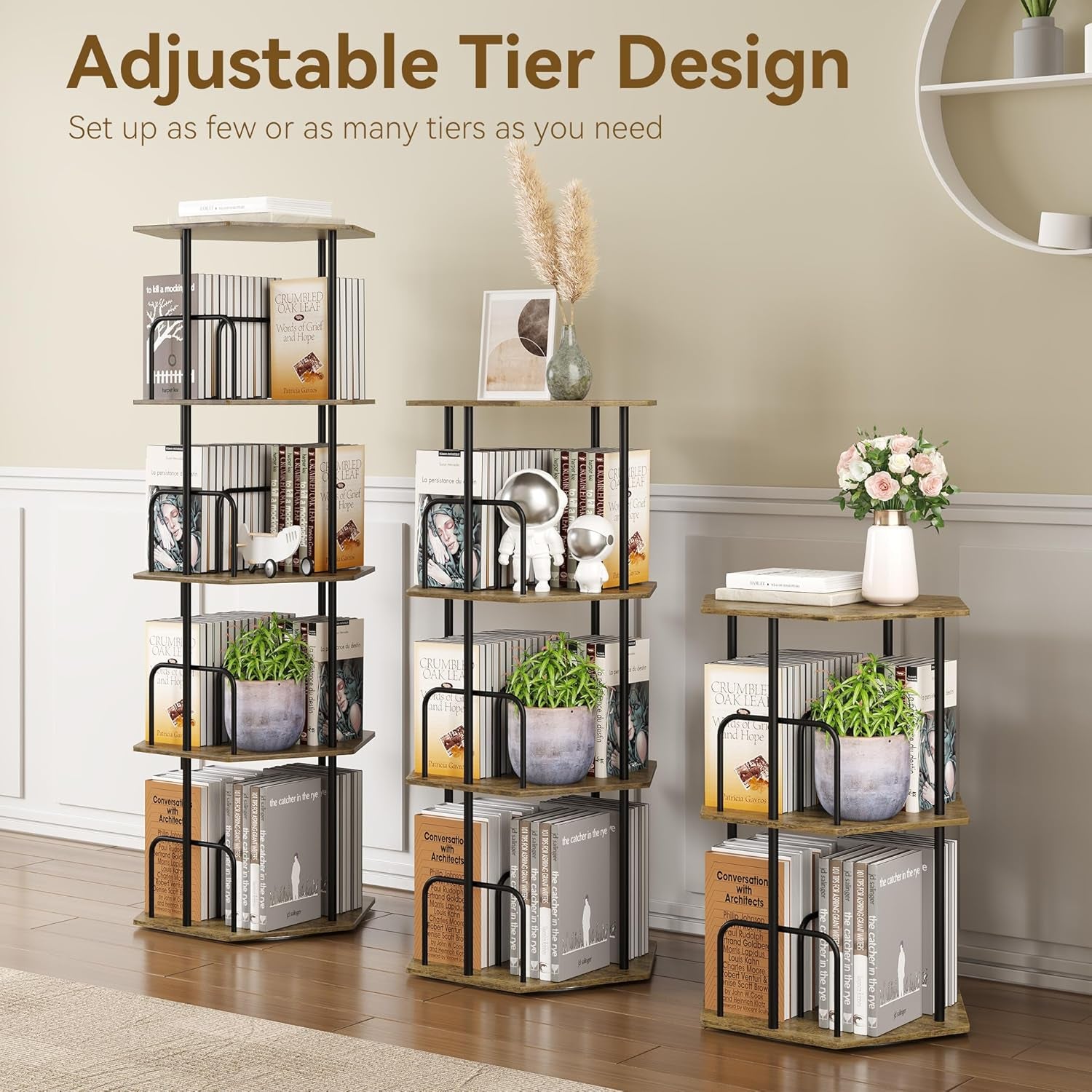 4 Tier Rotating Bookshelf Tower, Revolving 360 ° Spinning Bookcase, Hexagonal Corner Book Shelf Storage Carousel, Vertical Rotate Turning Organizer Book Shelves for Living Room Office Bedroom