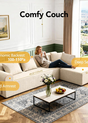 105.5" Cloud Boneless L-Shaped Sectional Sofa for Living Room, 4-Seater with Ottoman and 4 Pillows, Deep Seat Chenille Upholstery, No Assembly Required (Beige)