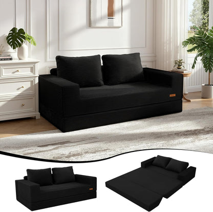 Convertible Sofa Bed Queen, Corduroy Folding Floor Couch Pull Out Couch Bed Futon Sleeper with Pillows, Fold Out Boneless Sofa Comfy Lounge Mattress Loveseat for Living Room Bedroom, Black