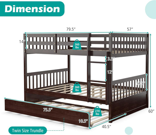 Full over Full Bunk Bed with Trundle, Solid Wood Trundle Bed Frame W/Guardrails and Ladder, Convertible to 2 Beds, Full Size Bunk Beds for Adults Kids Teens, No Box Spring Needed,Espresso