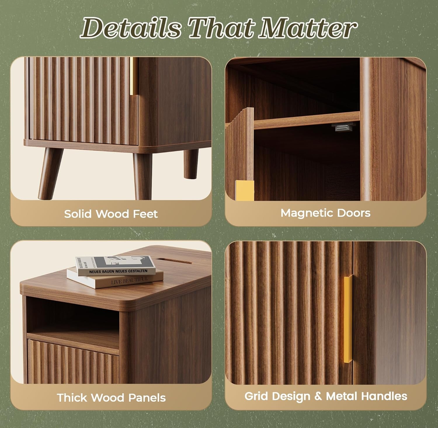 Narrow End Table with Charging Station, USB-C Port, Fluted Nightstand with Storage Cabinet, Back Rack, Farmhouse Side Table for Small Spaces, 13.4 × 23.6 Inch Night Stand, Walnut