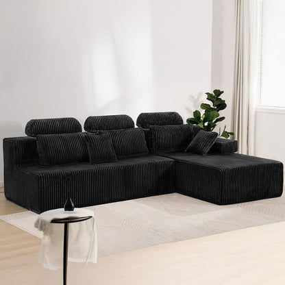 106’’ Sectional Couch with High Backrest, L-Shape Modular Sectional Sofa Convertible Left or Right Chaise, Cloud Corduroy, Boneless Couches Comfortable for Living Room(Black)