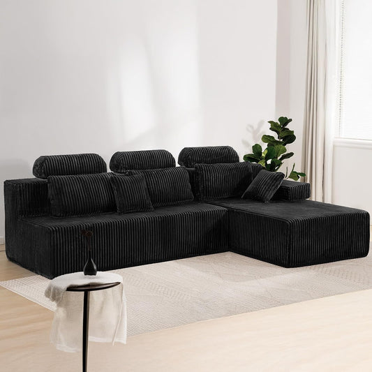 106’’ Sectional Couch with High Backrest, L-Shape Modular Sectional Sofa Convertible Left or Right Chaise, Cloud Corduroy, Boneless Couches Comfortable for Living Room(Black)