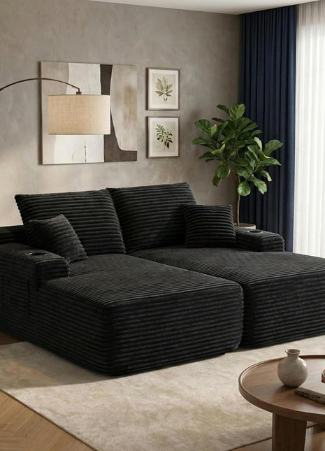 Oversized 69" Boneless Chaise Lounge Chair with Cup Holders and Storage Pockets – Plush Modular Sofa in Black for Superior Comfort