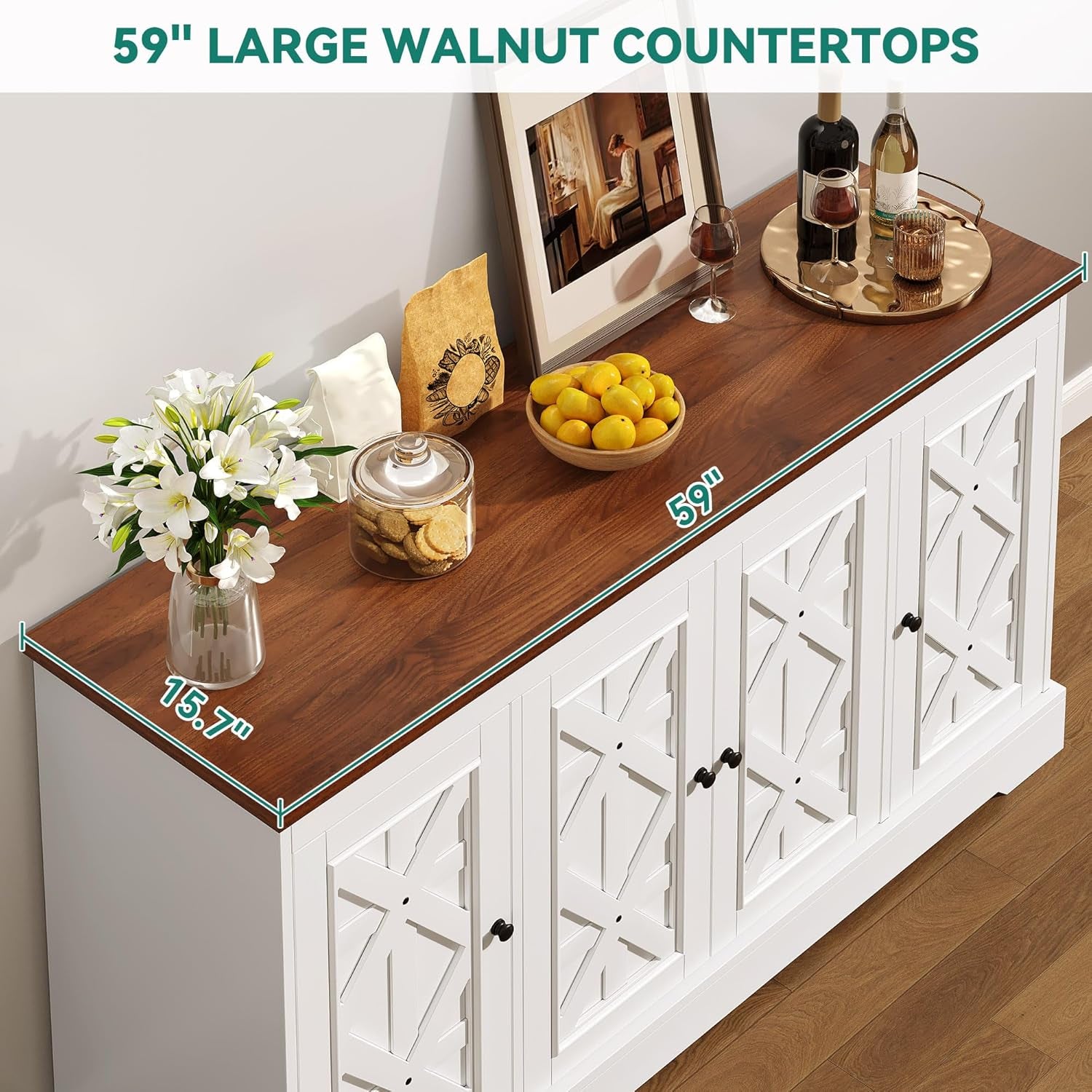 Sideboard Buffet Cabinet with Storage, 59" Buffet Storage with 4 Doors, Modern Farmhouse Coffee Bar Station Wood Kitchen Table with Adjustable Shelves for Kitchen, Living Room (White)