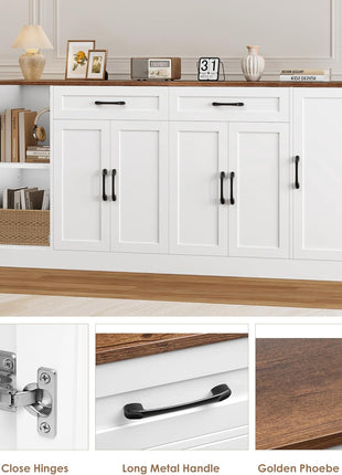 71” Large Buffet Cabinet with Adjustable Shelves and Soft-Close Doors, Versatile Wood Console Table for Kitchen and Dining Room, White Finish