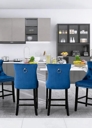 Set of 4 Modern Velvet Bar Stools with Wooden Legs, Button Tufted Design, and Chrome Nailhead Accents (Blue)