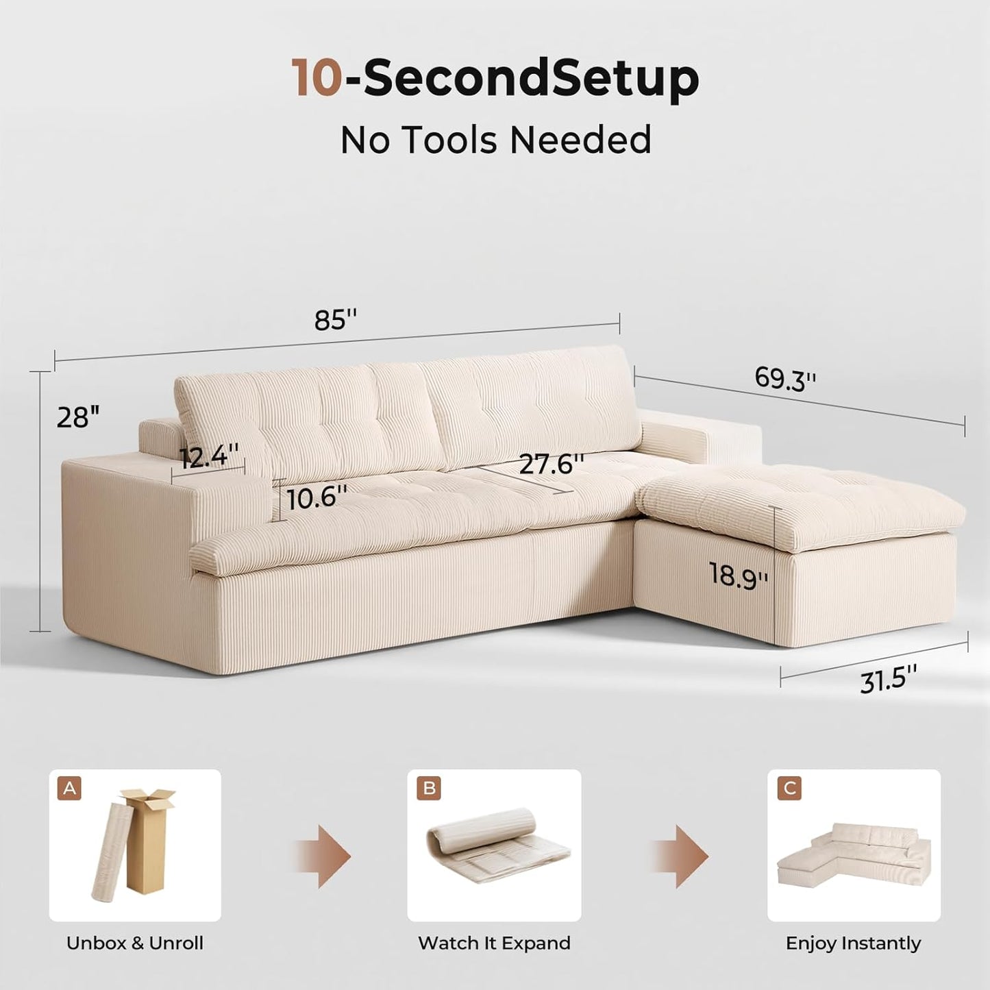 Cloud Sectional Boneless Sofa with Ottoman, Modular L Shaped Couch with Layered Cushion, Fluffy Comfy Couches for Living Room, No Assembly, Dark Grey