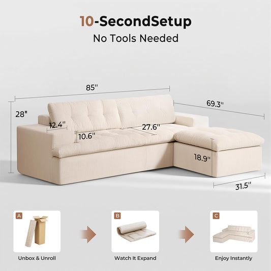 Cloud Sectional Boneless Sofa with Ottoman, Modular L Shaped Couch with Layered Cushion, Fluffy Comfy Couches for Living Room, No Assembly, Dark Grey