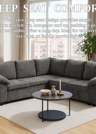 86 Inch Sectional Sleeper L Shaped Sofa with Pull Out Bed, 5 Seater Modular Sectional Sofa with Storage, Modern Chenille Cloud Couch, Sectional Couches for Living Room, Gray