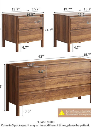3-Piece Bedroom Dresser Set: 9-Drawer Dresser and 2 Nightstands in 47" Wide Walnut Finish with Solid Wood Cylindrical Legs, Rustic Wooden Storage Solution for Bedroom