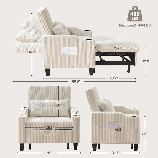 Convertible Sleeper Chair, 3 in 1 Sleeper Chair Bed Pull Out Sofa Bed Chair, Corduroy Single Sofa Bed Adjustable Backrest Chair Bed Sleeper for Adults Reading Living Room,Beige
