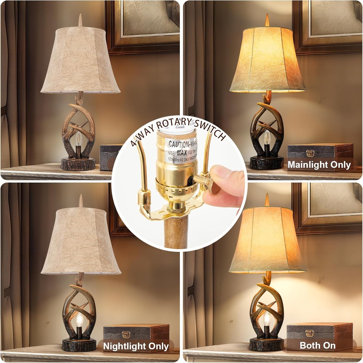 Rustic Farmhouse Antlers Bedside Table Lamp Set of 2 with Nightlight Dual USB Ports Leather Soft Bell Shade Brown Finish Nightstand Lamp Decor for Living Room Bedroom Office House Hotel