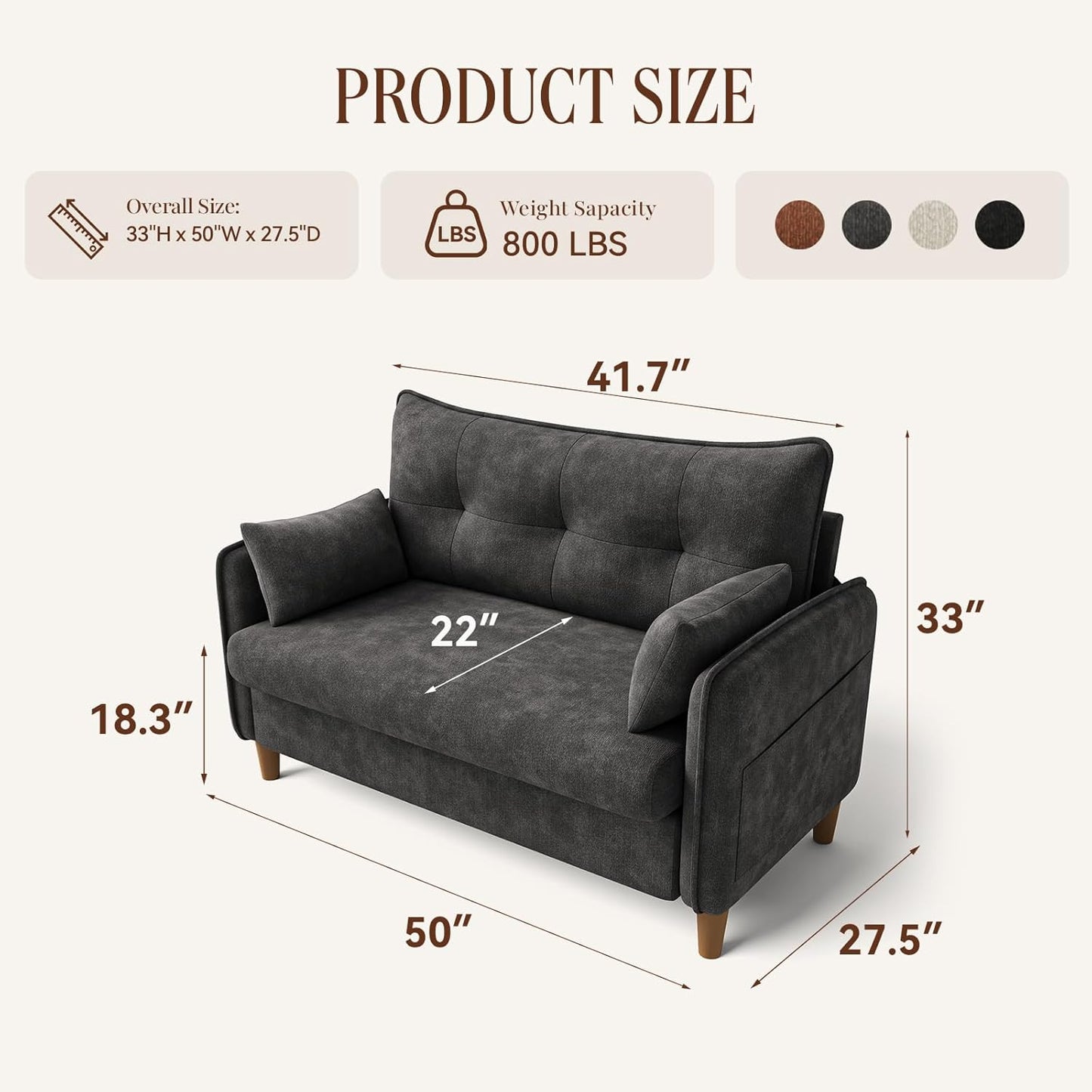 50" Mini Loveseat Couch for Small Space | Tufted Love Seat Couches for Bedroom and Apartment | Small Sofa Dark Grey