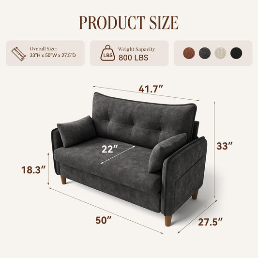 50" Mini Loveseat Couch for Small Space | Tufted Love Seat Couches for Bedroom and Apartment | Small Sofa Dark Grey