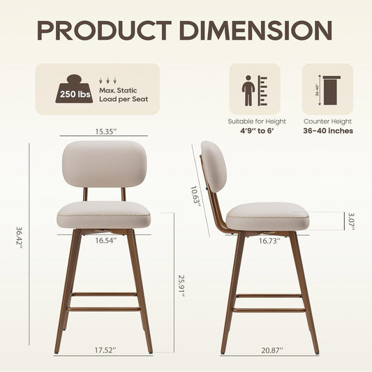 26“ PU Leather Swivel Bar Stools Set of 3, Mid Century Counter Height Bar Chairs with Low Back and Metal Legs, Modern Bar Stool Chair for Kitchen Island, Beige