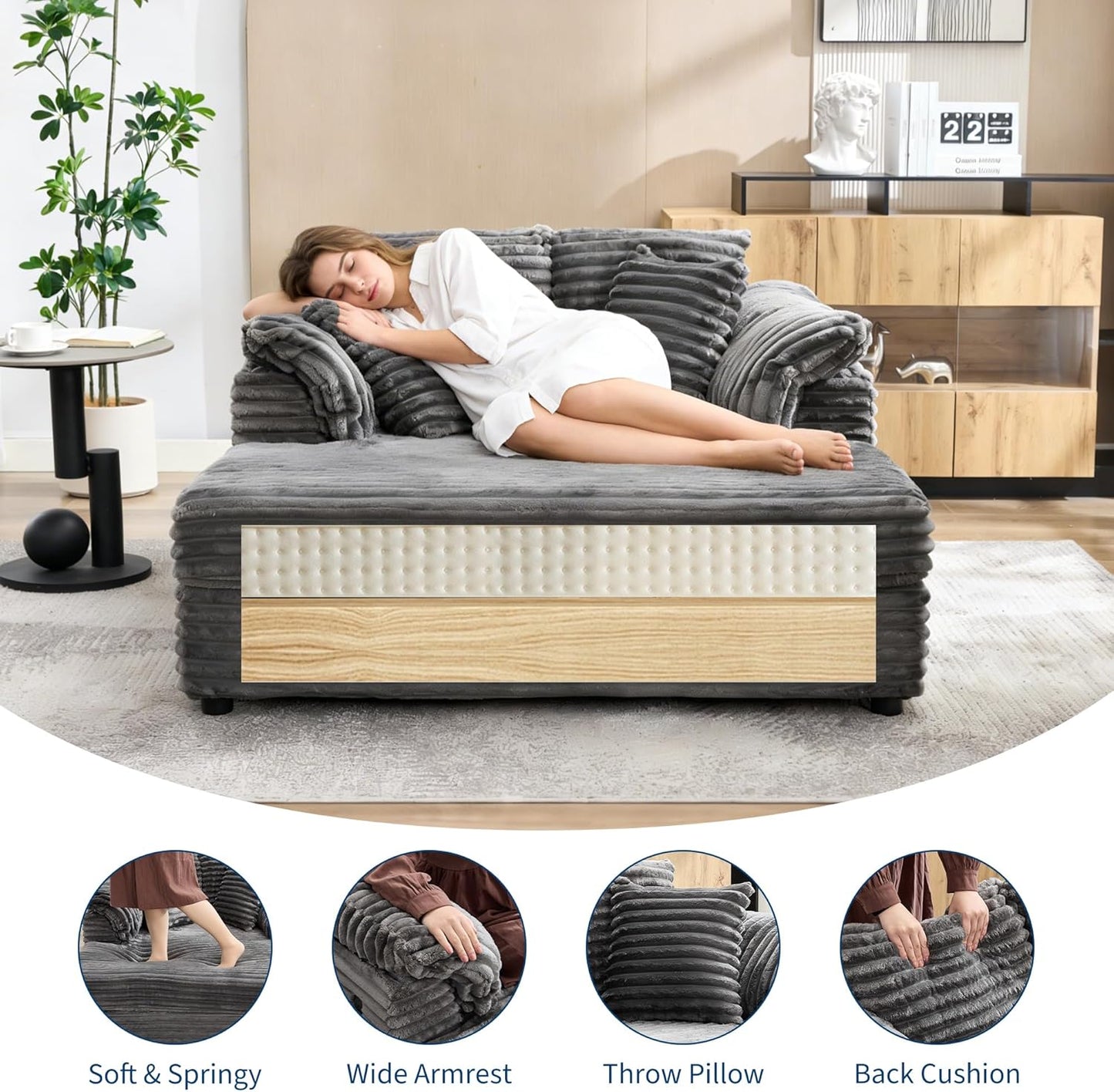 Oversized Chaise Lounge Chair Indoor Upholstered Sofa Bed with Throw Pillows and Armrests Comfy Corduroy Sleeper Couch with Cup Holders and Charging Port for Living Room Bedroom 60 Inch Wide Grey