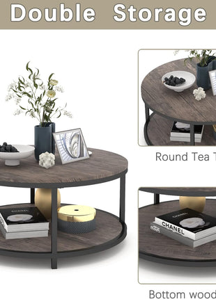 36-Inch Round Coffee Table for Living Room, Two-Tier Rustic Wood Design with Storage Shelf, Modern Home Furniture in Light Walnut
