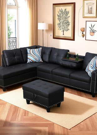 Chic Leather L-Shaped Couch Set with Stylish Sectional Design and Movable Chaise for Modern Living Spaces