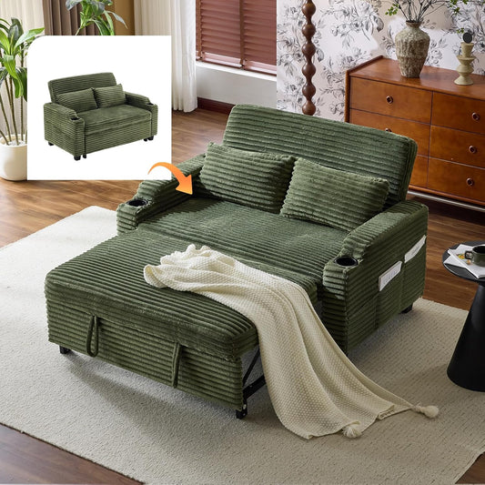 Green Futon Sofa Bed Convertible Loveseat Sleeper Sofa Couch, Corduroy Pullout Sofa Fold Out Couch Bed with USB Ports, Cup Holders, Armrest for Living Room, Bedroom Apartment Room | Lveseat Sleeper