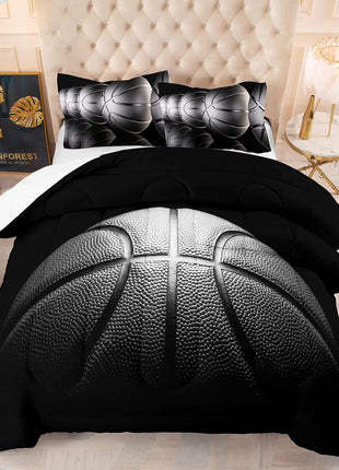 Ultra Soft Microfiber Basketball Comforter Set for Boys and Teens, Black and Gray Sports Theme Bedding, Full Size with Comforter and Two Pillowcases