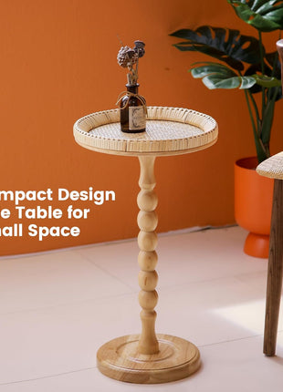 Rattan Round Small Side Table for Compact Spaces - Bohemian Circle End Table with Solid Wood Legs for Living Room and Bedroom Corners