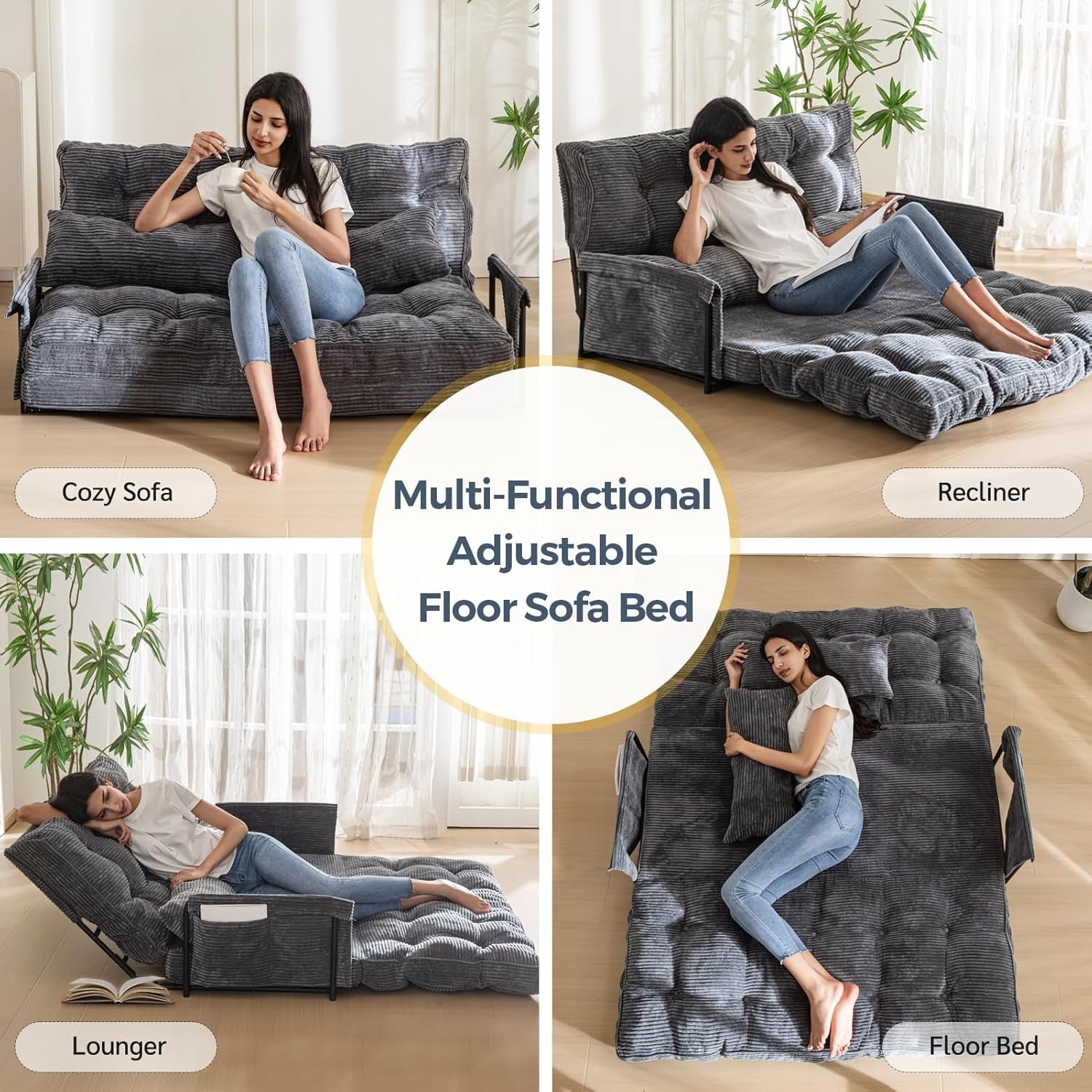 Adjustable Floor Sofa Couch with 2 Pillows, Multi-Functional Bean Bag Bed, 5-Position Foldable Lazy Sofa Sleeper Bed with Armrest, Versatile Floor Seating for Reading, Dark Grey, Double