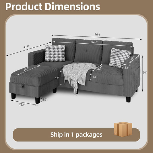Convertible Sectional Couches for Living Room, L-Shaped Couch 3 Seat Sectional Sofa Set with Corduroy Fabric and Movable Ottoman Small Couch for Apartments, Office（Dark Grey）